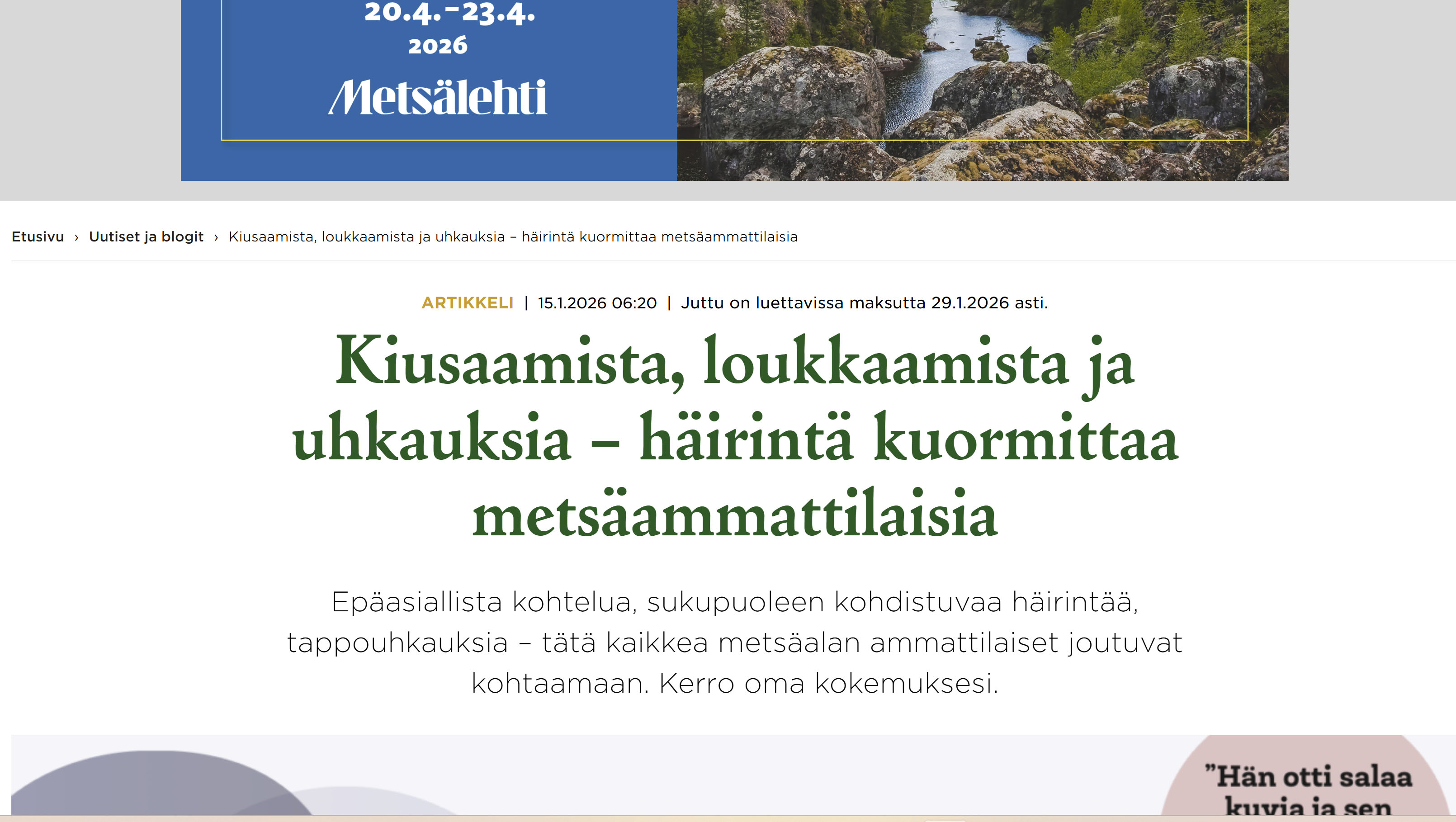 Metsälehden mukaan häirintä kuormittaa metsäasiantuntijoita